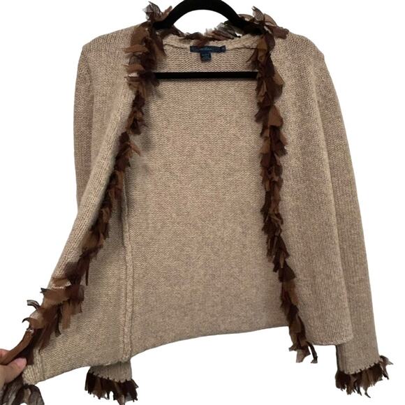 Boden Lambswool Fringe Knit Cardigan Sweater S Beige Quiet Luxury Fall Designer - Picture 8 of 13